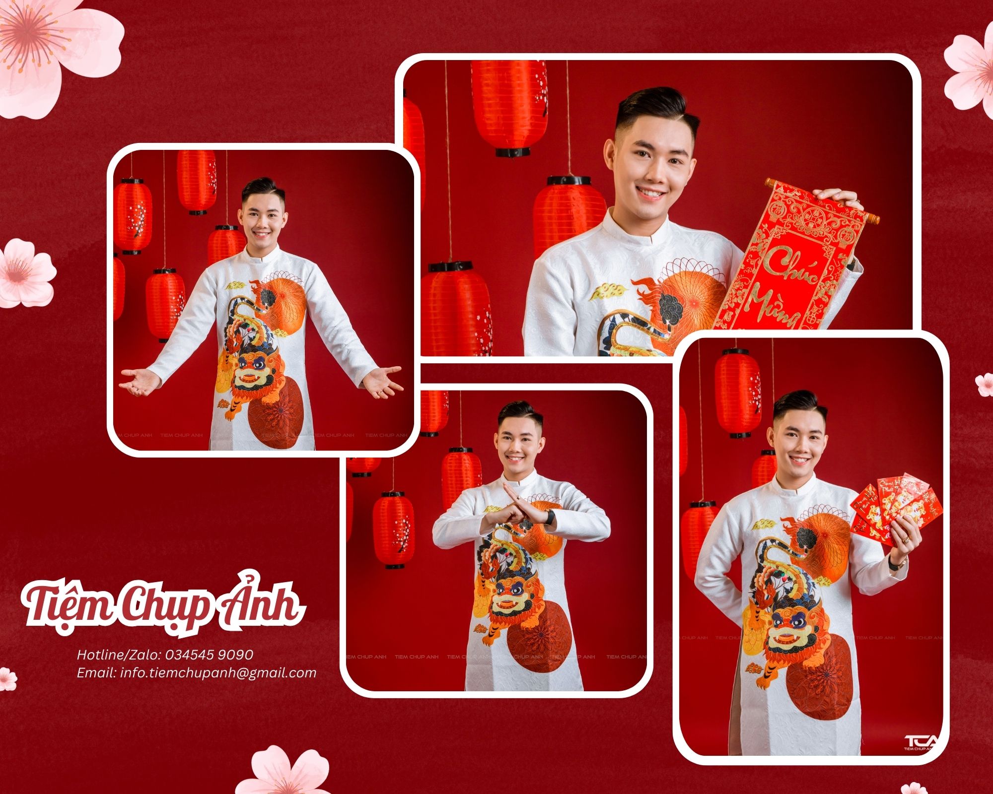 chụp hình với áo dài tết