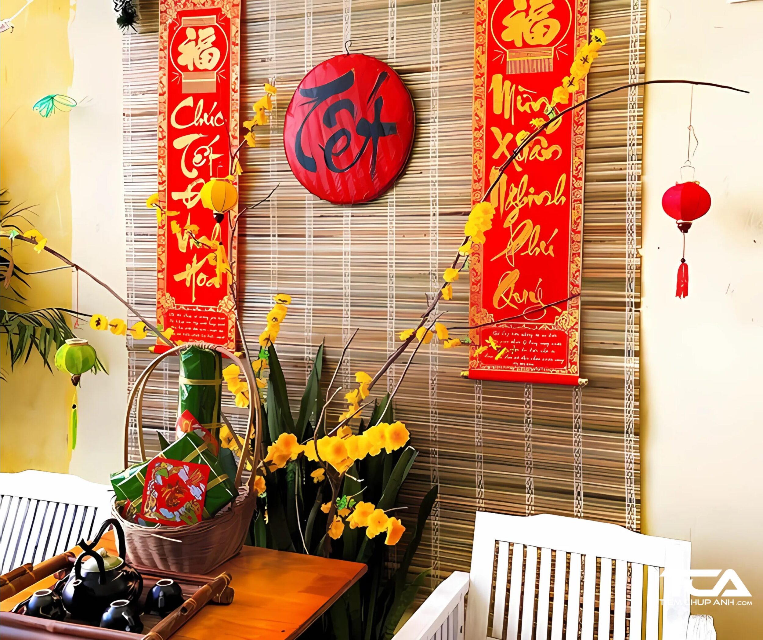 tạo dáng chụp ảnh tết tại nhà