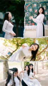 tạo dáng chụp ảnh kỷ yếu với áo dài